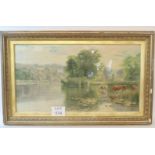 A large 19th century chromolithograph depicting a rural river landscape with cattle watering,