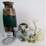 A Midwinter Larry the Lamb (21 cm high), a Beswick kitten, a Lladro cat & mouse, a Rye Pottery cat,