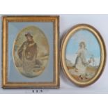 Two Georgian silk work panels, each depicting a maiden in landscape setting, inset gilt frames,