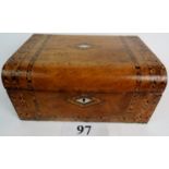 A Victorian multi-wood parquetry inlaid walnut work box with mother of pearl escutcheon, 30 cm wide,