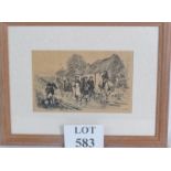 W Hole - sepia etching depicting battle weary soldiers, framed,