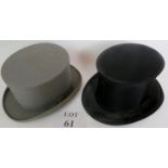 Two top hats, size 7 1/2, one in black silk, collapsible,