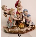 A 19th century continental porcelain group, modelled four infants/cherubs gathered around a fire,