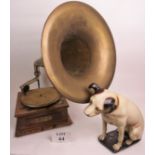 An oak cased and metal mounted Gramophone with large brass horn and model of Nipper the HMV dog