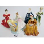 Six Royal Doulton figures: Winsome, Veneta, Pirouette (a/f), Romance,