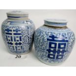 Two antique Chinese blue and white ceramic jars and covers in the Kangxi style but likely 19th