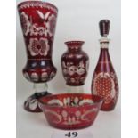 Four pieces of 19th century Bohemian ruby-flashed glassware with engraved decoration, largest piece,