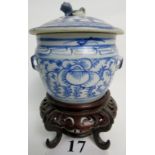 An antique Chinese blue and white porcelain jar and cover, with dog of Fo finial and 4 loop handles,