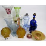 A collection of antique and vintage decorative glassware, including liqueur sets, flower vases etc,