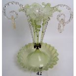 A Victorian vaseline-glass Epergne, with 3 trumpet shaped posy holders and 3 scrolls,