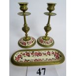 A 19th century enamel decorated ceramic and gilt-brass 3 piece desk set,