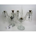 A near pair of vintage glass candelabra, with twin scrolling branches and lustre drops,