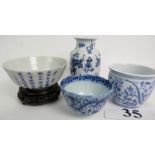 Four pieces of Chinese blue and white porcelain, comprising a bowl with verse and river scene,