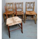 Four 19th century bamboo effect dining chairs with rush seats to include 1 x marked chair,