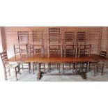 A good quality 20th century oak extending refectory dining table together with a harlequin set of