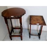 A 1930's oak round barley twist lamp table and a square oak side side table,