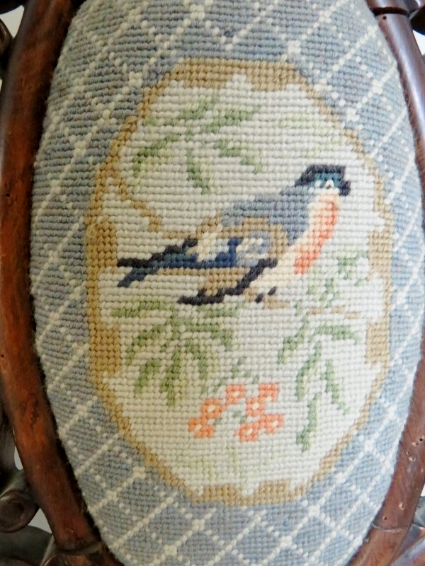 A pretty Victorian carved walnut framed hall chair upholstered in tapestry material with bird - Image 2 of 2