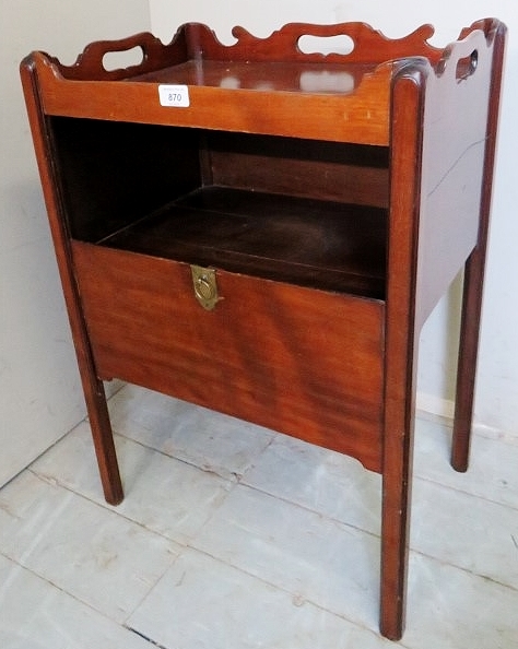 A Georgian design mahogany tray top bedside cupboard with a slide down front panel for storage,