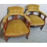 A pair of open back tub chairs, corduroy upholstery, 72cm high,