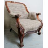 A Victorian carved mahogany framed armchair upholstered in a grey tweed check material (slight wear