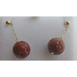 14ct yellow gold carved red jade drop ea