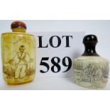 Two Chinese bone snuff bottles and stopp