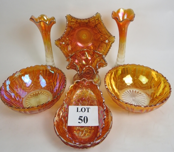 Eight pieces of vintage carnival glass,