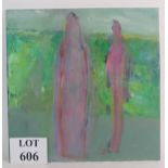 Ann Brunskill (1923-2018) - 'Two figures', oil on canvas, 40cm x 40cm, stretched but unframed.