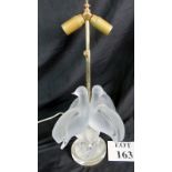 A Lalique frosted glass table lamp with twin doves and two light fittings,