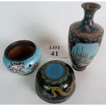 Three items of Oriental cloisonne wear, a bowl with dragon decoration,