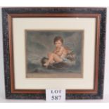 19th century mezzotint - 'Cupid on a cloud', artist's monogram, 24cm x 28cm, ornate frame,