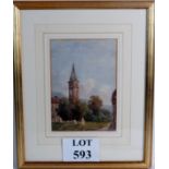 A C Manley (c1847) - 'Clock Tower, Jedburgh', watercolour, label verso for The Manor Farm Gallery,