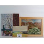 Muriel Kay (20th century) - Three signed oil paintings, still life and landscapes, one framed,