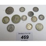 A collection of old English silver money, to include shillings, six pence's and 3d,
