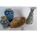 Four items of Iznik style pottery, tallest 30cm, two vases, the larger measures, 26cm tall,