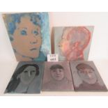 Ann Brunskill (1923-2018) - 'Faces', five small studio oils, unframed.
