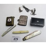 A silver vesta case Chester 1911, a brass vesta case, papier mache snuff box,