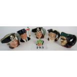 Five small Royal Doulton character jugs, Engine Driver, Long John Silver, Dick Turpin, Mine Host,