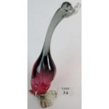 A large mid century Studio glass sculpture of a swan in cranberry and clear, probably Murano,