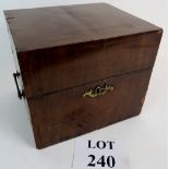 An early Victorian square box with mahogany veneers, (a/f), and brass handles and escutcheon,