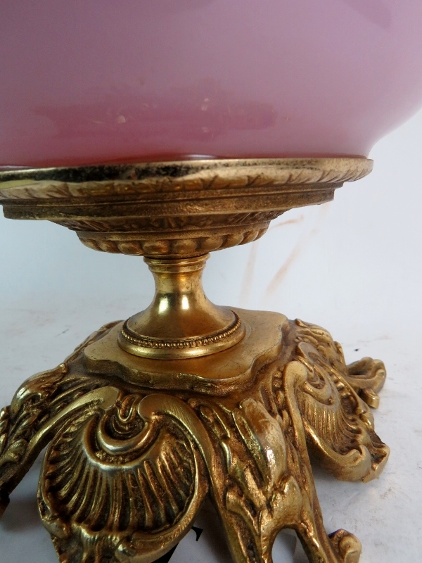 An ornate Classical-Revival gilt-metal mounted pink glass urn form vase, 33cm high, - Image 3 of 3