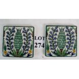 A pair of old Northern Iraq hand painted ceramic tiles, 15cm x 15cm,