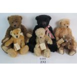 Six Orchiltree Artists Teddy bears by Sue Denton, jointed limbs, mohair, largest 31cm (seated),