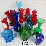 A collection of decorative coloured glassware, including Venetian, cranberry, pressed, etc, (12),