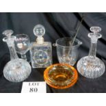 A collection of glass items to include an ice bucket and swizzle stick, an art glass shallow bowl,