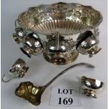 A silver plated punch bowl, 6 cups, and ladle, 20th century,