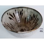 Large studio pottery bowl with an abstract design in brown on a white ground, 34cm diameter,