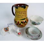 A collection of English ceramics to include a cup and saucer, (a/f), a Sunderland footed bowl,