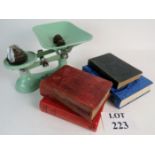 The Viking kitchen balance scales in enamel green, with sets of weights,