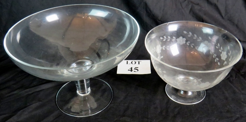 A footed bowl in the shape of a giant champagne coupe and another bowl with frosted floral pattern,